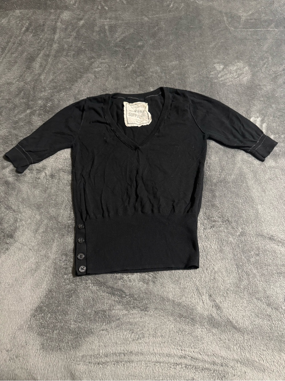Vintage Y2k Mossimo Supply Co. Black V-Neck Sweater Ribbed Waistband 3/4 Sleeve